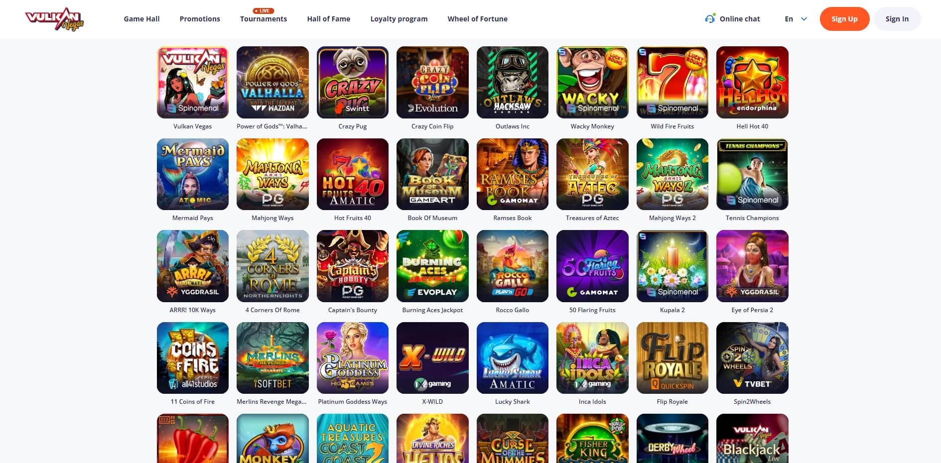 Vulkan Vegas Games selection