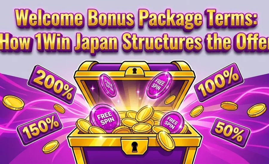 Bursting treasure chest spilling bonus tokens and coins for 1Win Japan.