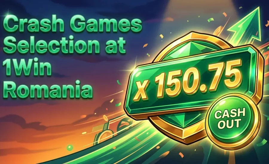 Soaring emerald multiplier badge on dusk background for 1Win Romania crash games.