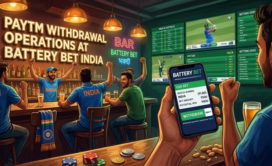 Fans celebrating at a sports bar with a phone showing betting options and Paytm withdrawals.