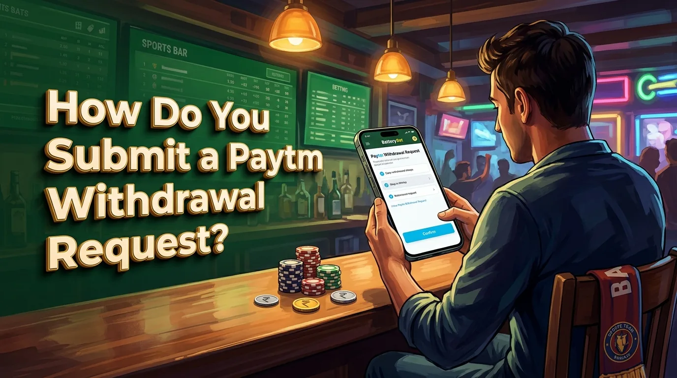 Player using a smartphone to submit a Paytm withdrawal request at a sports bar.