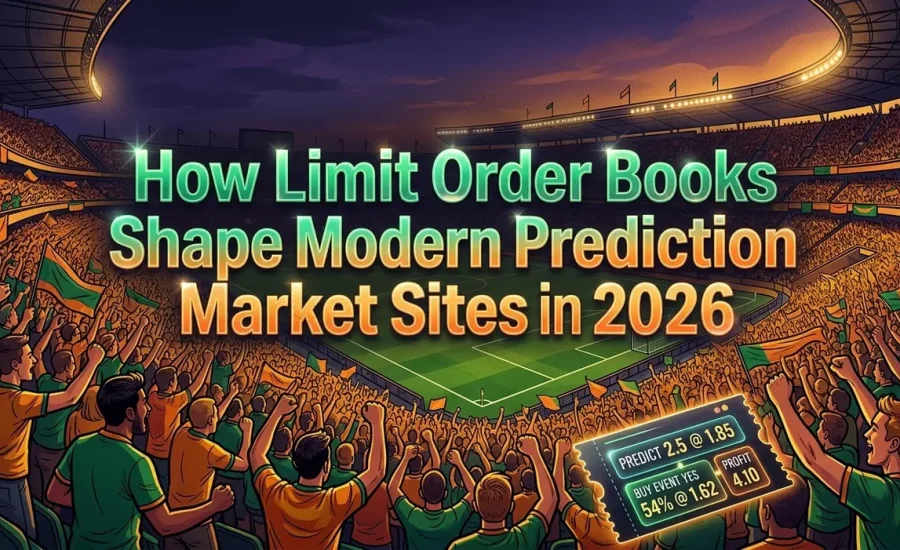 Erupting stadium crowd with an odds slip, illustrating prediction market sites.