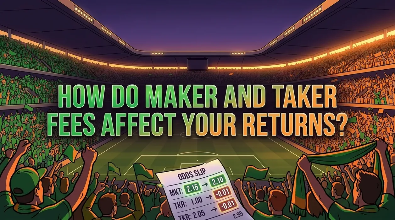 Stadium crowd with glowing odds slip, symbolizing maker and taker fees.